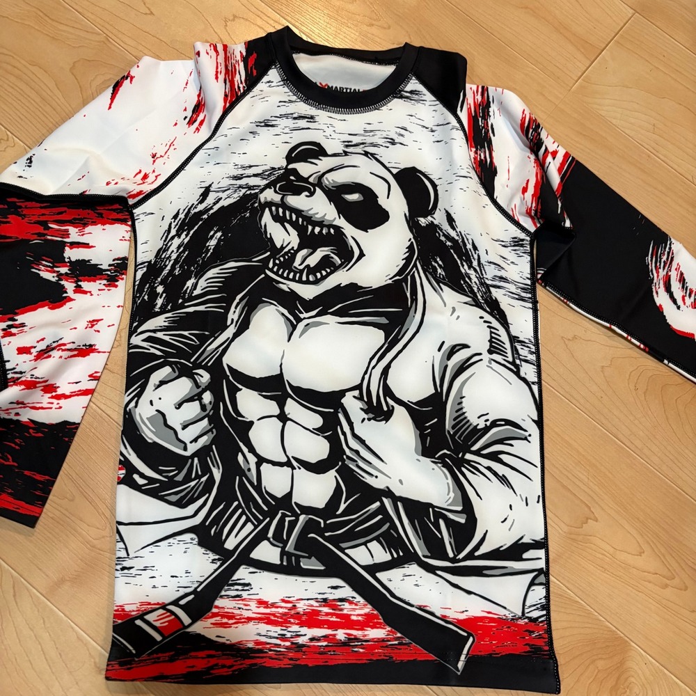 XMartial Shredded Panda Rash Guard Long Sleeve Compression Shirt 2XS-XS Black Re